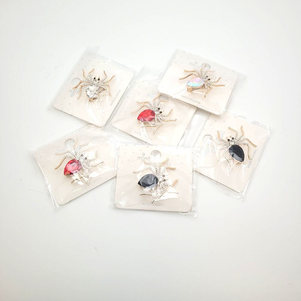Mixed Brooch Lot of 6 Spider Rhinestone Fall Halloween Sparkly Gold Tone